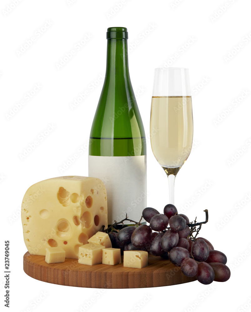 Bottle and glass of white wine with cheese