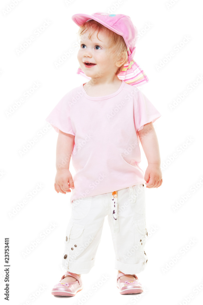 cute baby girl in a pink cap looks up isolated on white cute baby girl in a pink cap looks up isolated on white