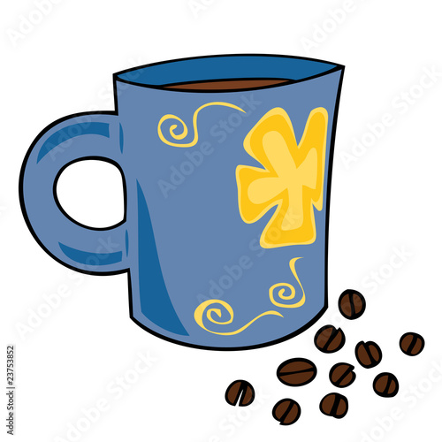 Cup with hot coffee and coffee grains.
