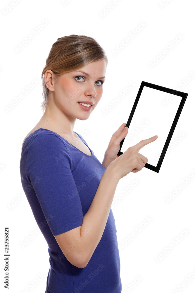 Woman holding a blank touchpad pc, 1 finger touches the screen Woman holding a blank touchpad pc, 1 finger touches the screen