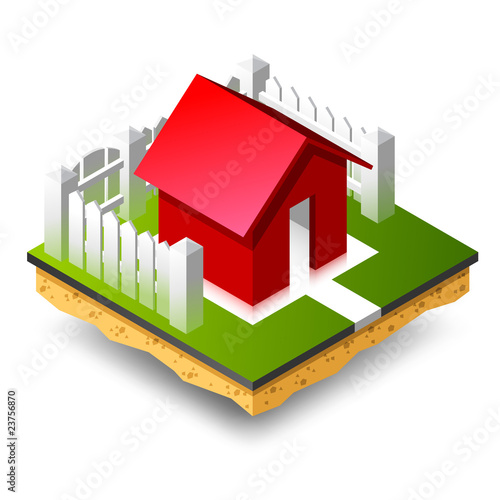 Small red isometric house on green grass