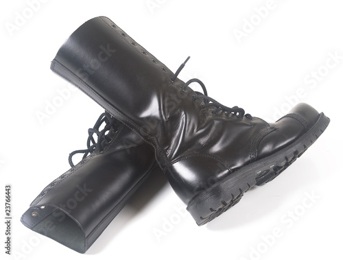 Fotografija steel toe black leather boots on white background