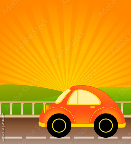 cartoon car on a background summer landscape