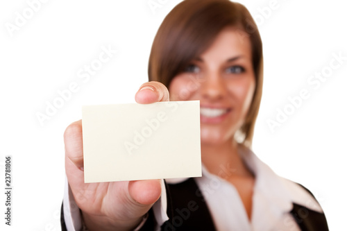 businesswoman holding business card