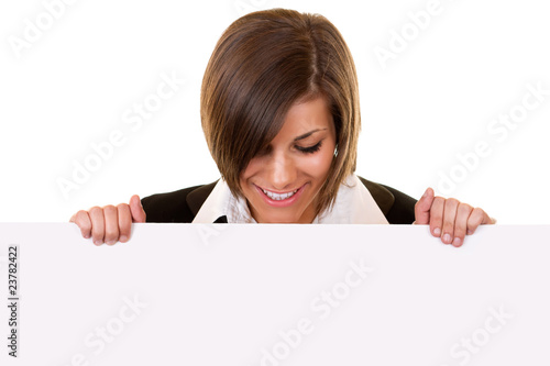 Foto brunette girl holding big board