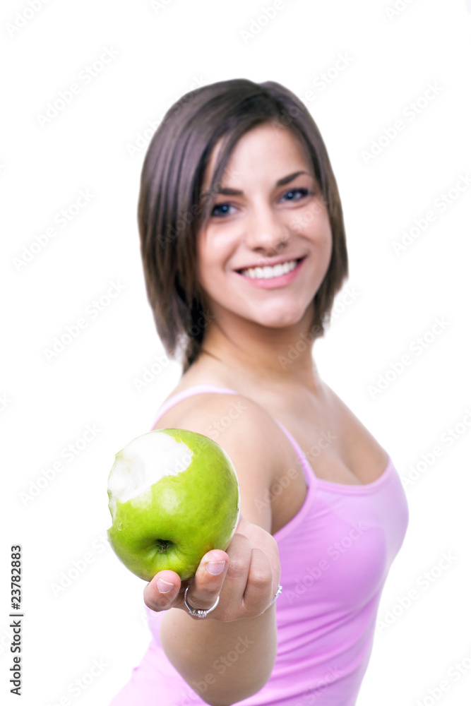 young woman holding green apple young woman holding green apple