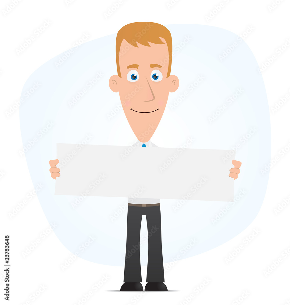 Manager holds up a poster Manager holds up a poster