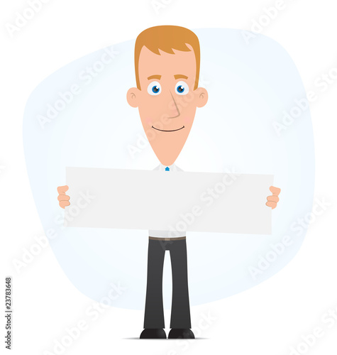 Manager holds up a poster