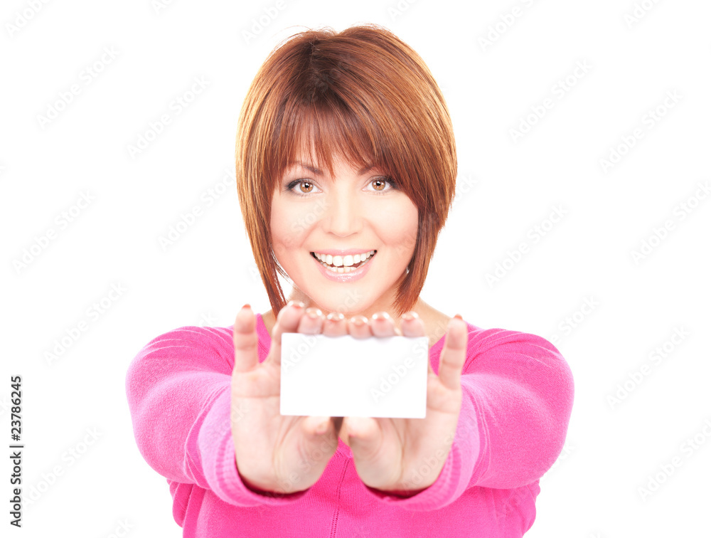 happy woman with business card happy woman with business card