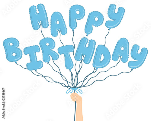 Hand holding blue balloons spelling out "Happy Birthday"