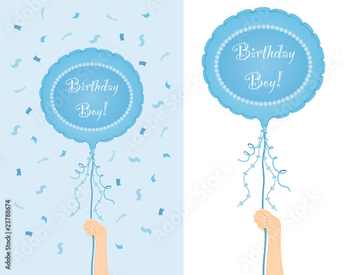 Hand holding "Birthday Boy" balloon in 2 options.