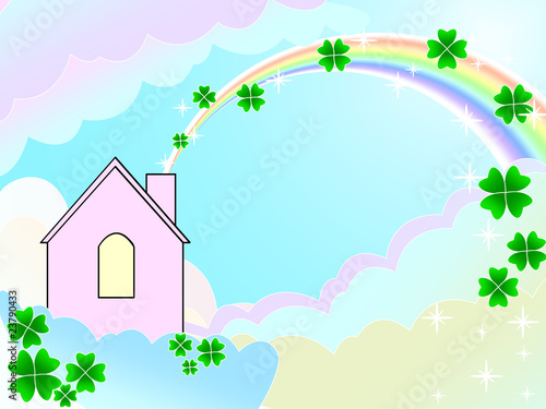 Illustration of fairy house among colour clouds