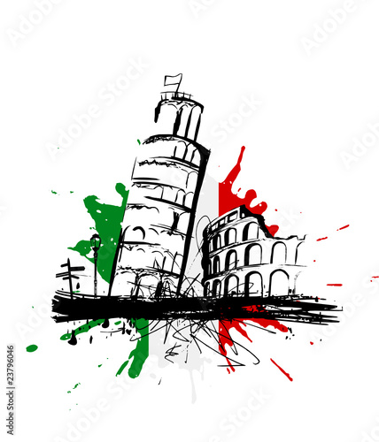 Italy illustration, Leaning Tower of Pisa and Colosseum