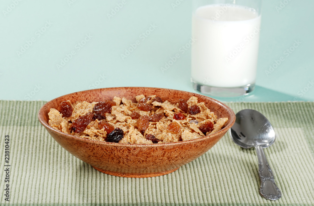 bran and raisin ceral in brown bowl bran and raisin ceral in brown bowl