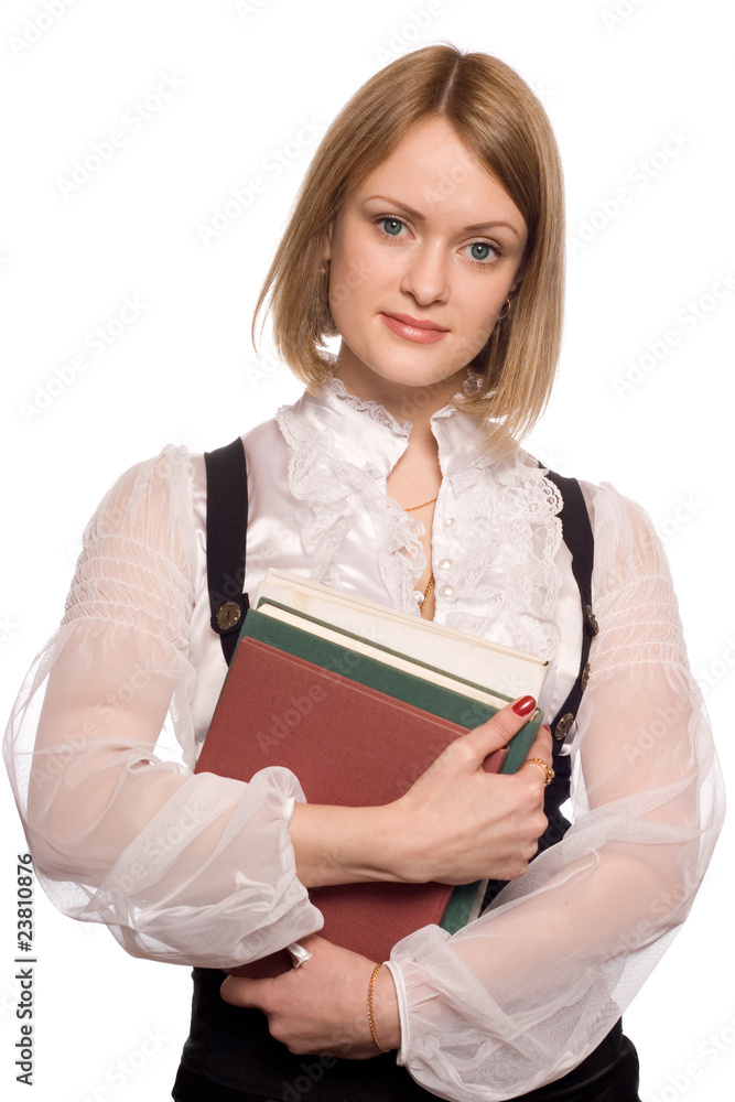 Isolated young happy beautiful woman with books Isolated young happy beautiful woman with books