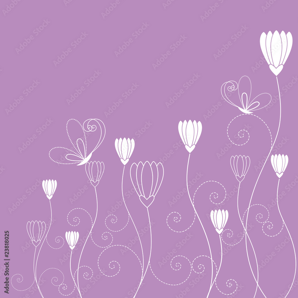 Springtime purple white floral butterfly wallpaper