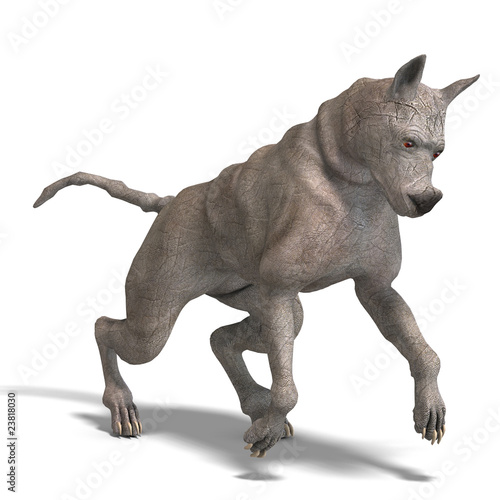 curious alien dog with rhino skin and horn. 3D rendering with c