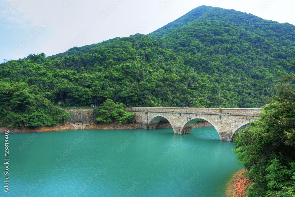 lake with stone bridge