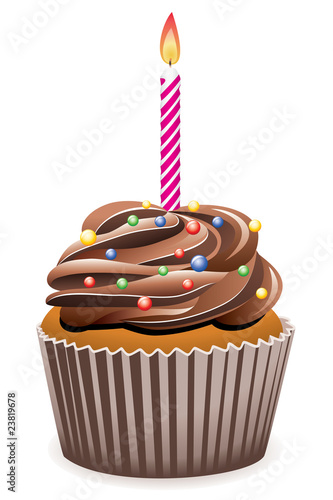 vector chocolate cupcake with burning candle