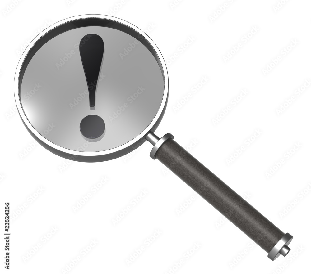 Magnifier with exclamation sign isolated on white. Magnifier with exclamation sign isolated on white.
