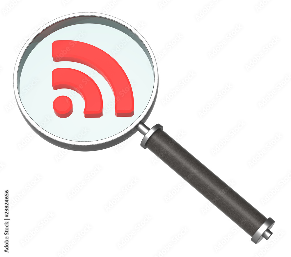 Magnifier with RSS symbol isolated on white. Magnifier with RSS symbol isolated on white.