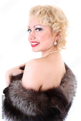 Blondie woman with fur collar. Marilyn Monroe imitation