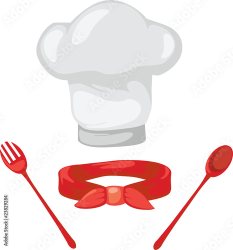 set of chef hat ,red scarf ,spoon and fork