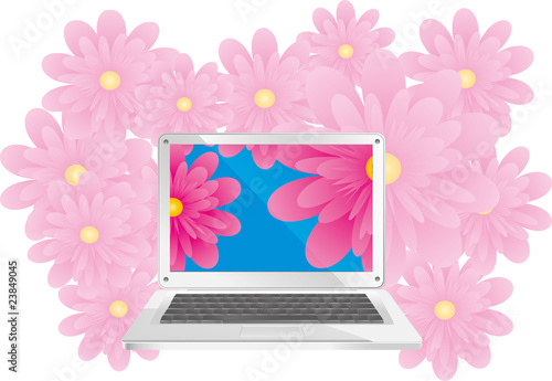 Simple silver laptop with contrast flowers, vector