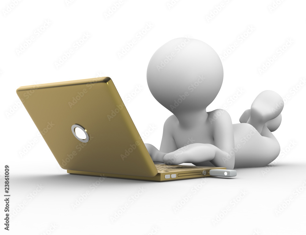 3D human that work with golden laptop 3D human that work with golden laptop