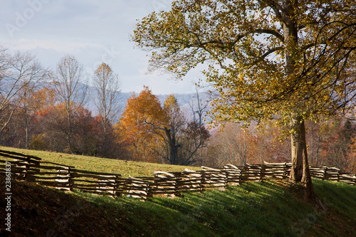 Mountain pasture with split rail wooden fence, autumn leaves.