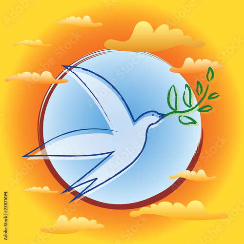 Oiseau Branche Olivier - Fond Soleil Nuages - Symbole Paix