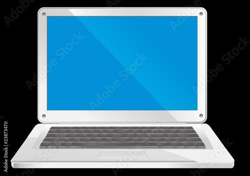 Simple silver laptop with blue screen on black background
