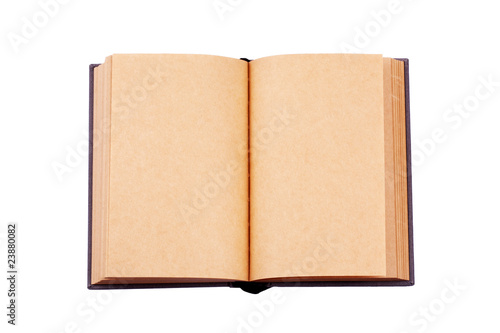 the closeup of old book with blank pages on white