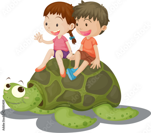 Girl and Boy Sitting on Tortoise