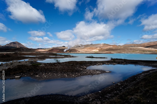 Blue lagoon in front of a geothermal powerplant