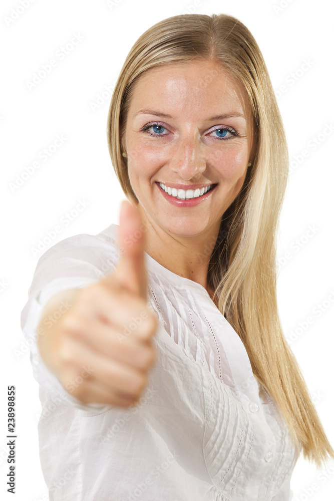 Woman showing OKAY sign and smiling on isolated white Woman showing OKAY sign and smiling on isolated white