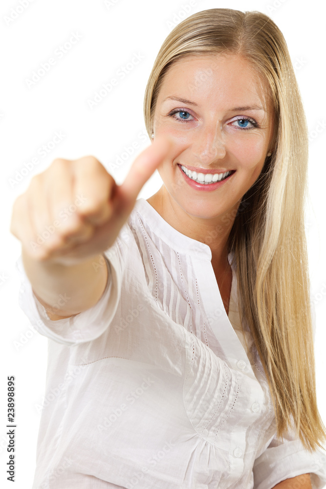 Woman showing OKAY sign and smiling on isolated white Woman showing OKAY sign and smiling on isolated white