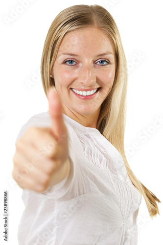 Wallpaper Mural Woman showing OKAY sign and smiling on isolated white Torontodigital.ca