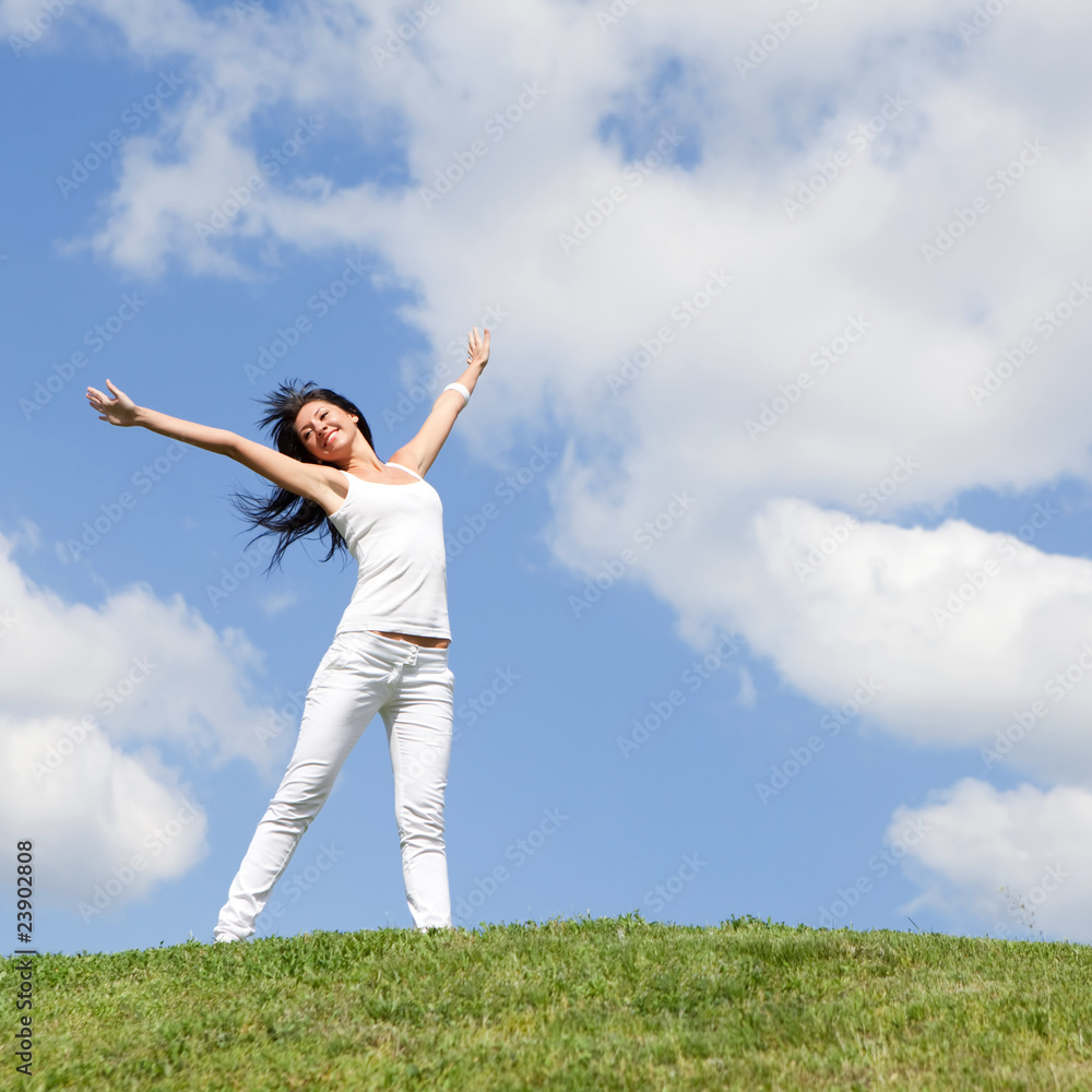 happy young woman dreams to fly on winds happy young woman dreams to fly on winds