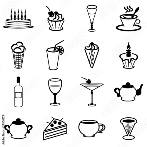 set with drinks and desserts on white