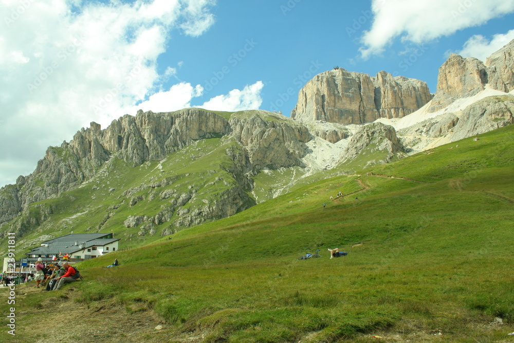 Green slope under Sass Pordoi