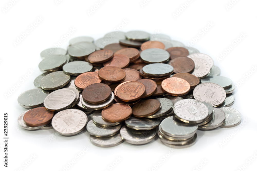 huge stack of romanian coins isolated on white huge stack of romanian coins isolated on white
