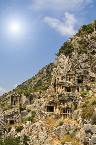 Historical tombs in the mountains near Myra town. Turkey.