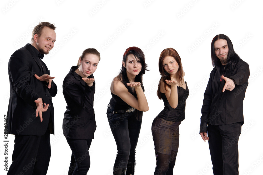 Group of posing young men and women looking in camera isolated