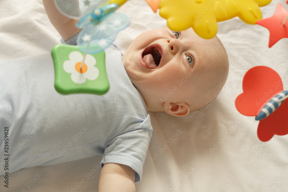 happy baby - 6 month old - obrazy, fototapety, plakaty 