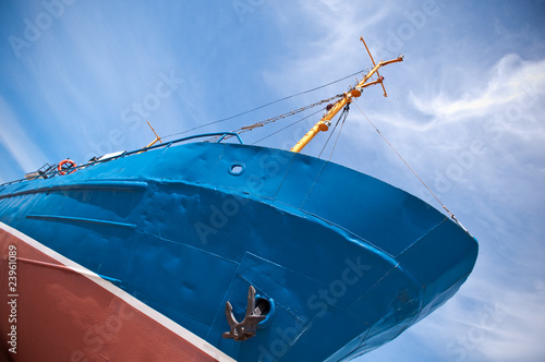 Blue fishing boat. Ship. Trawler.