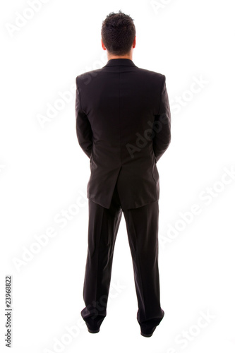 young business man full body from back, on white background