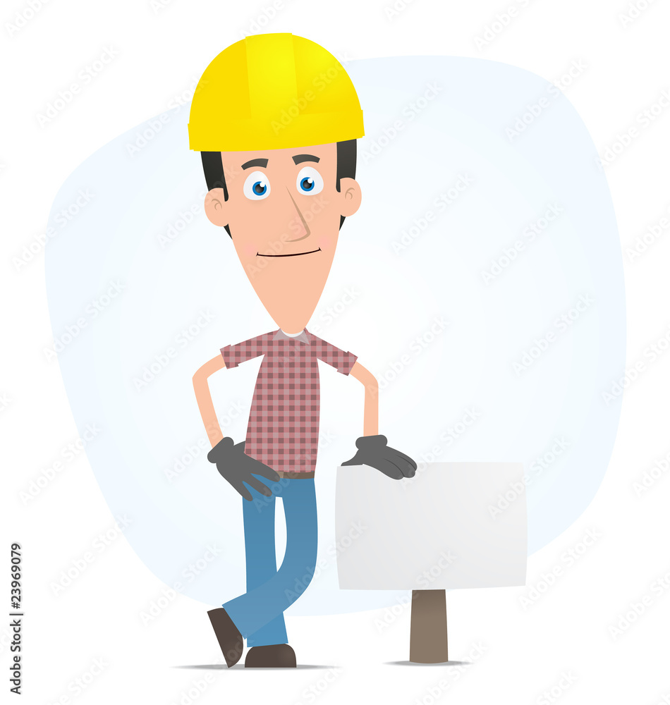 Builder stands beside the blank board Builder stands beside the blank board