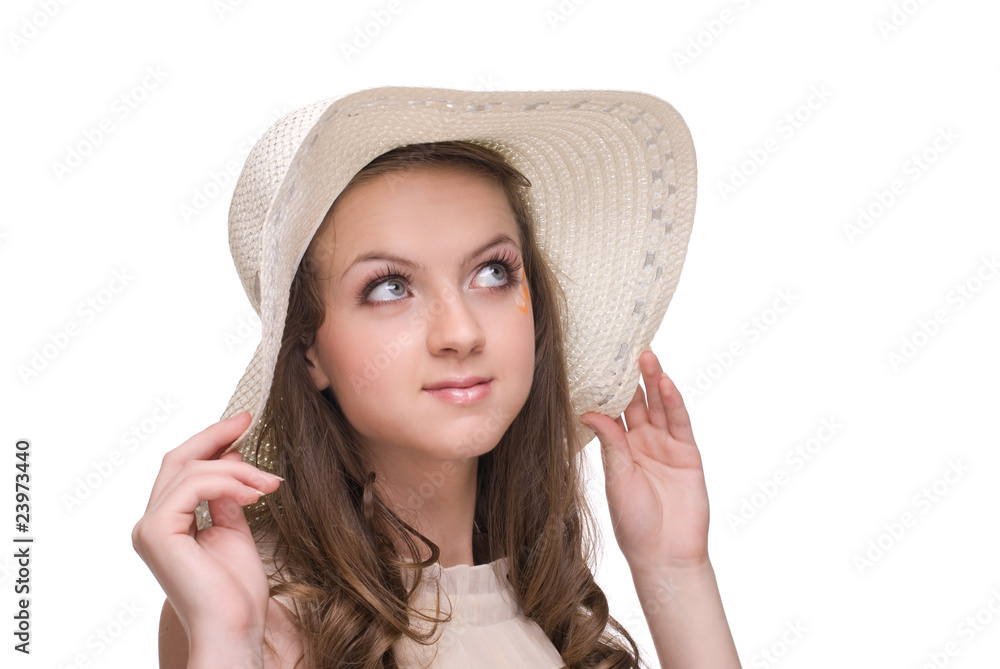 Close up portrait of young beautiful woman in hat Close up portrait of young beautiful woman in hat