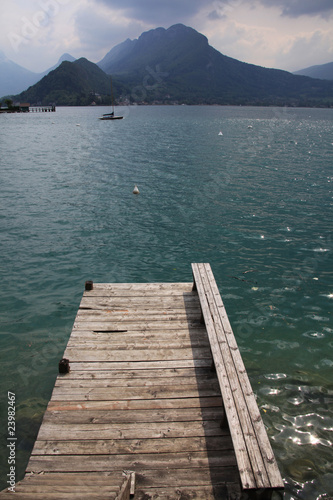 View from a wooden jetty over Lake Annecy